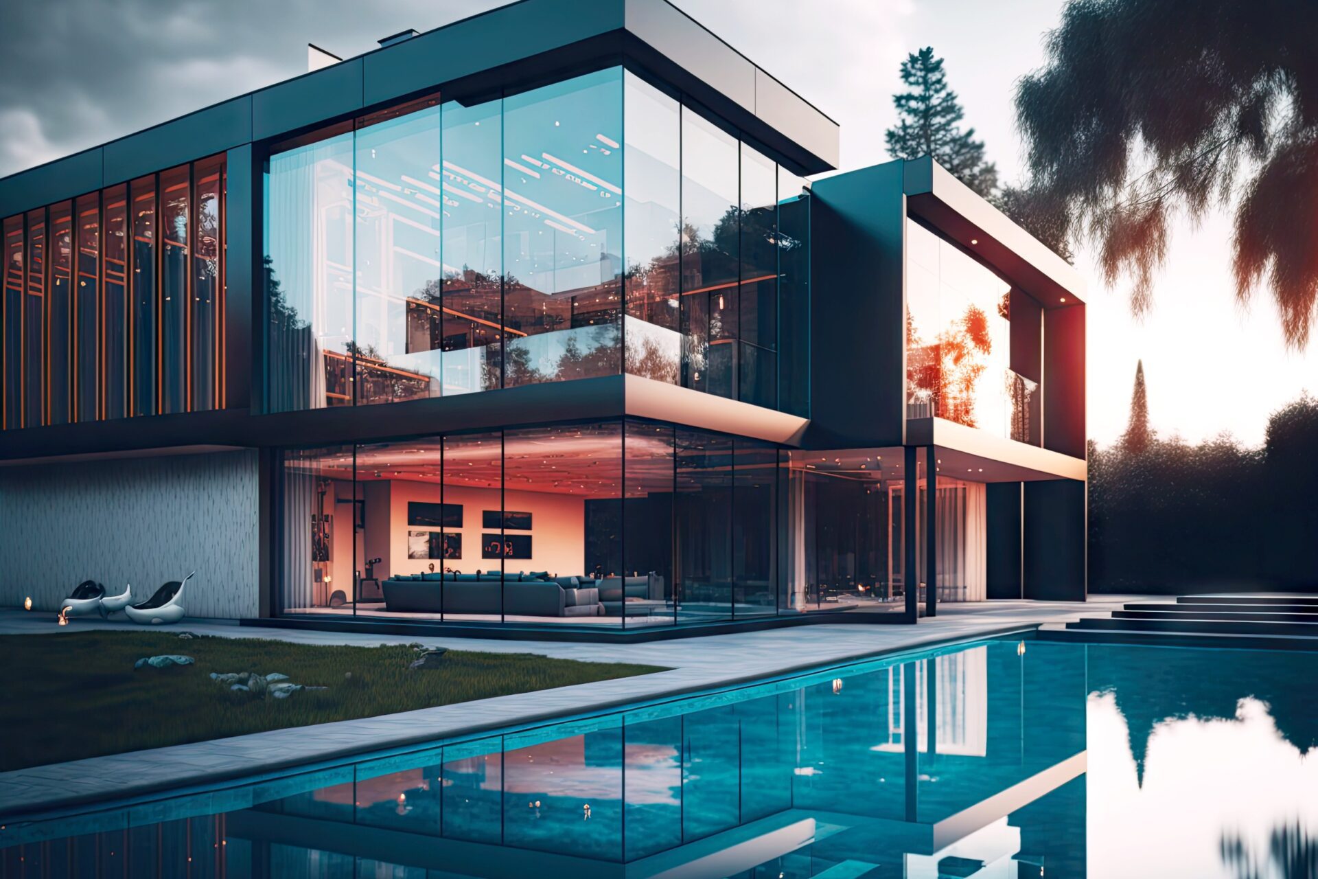 luxurious expensive mansion in form of modern house with glass walls and swimming pool